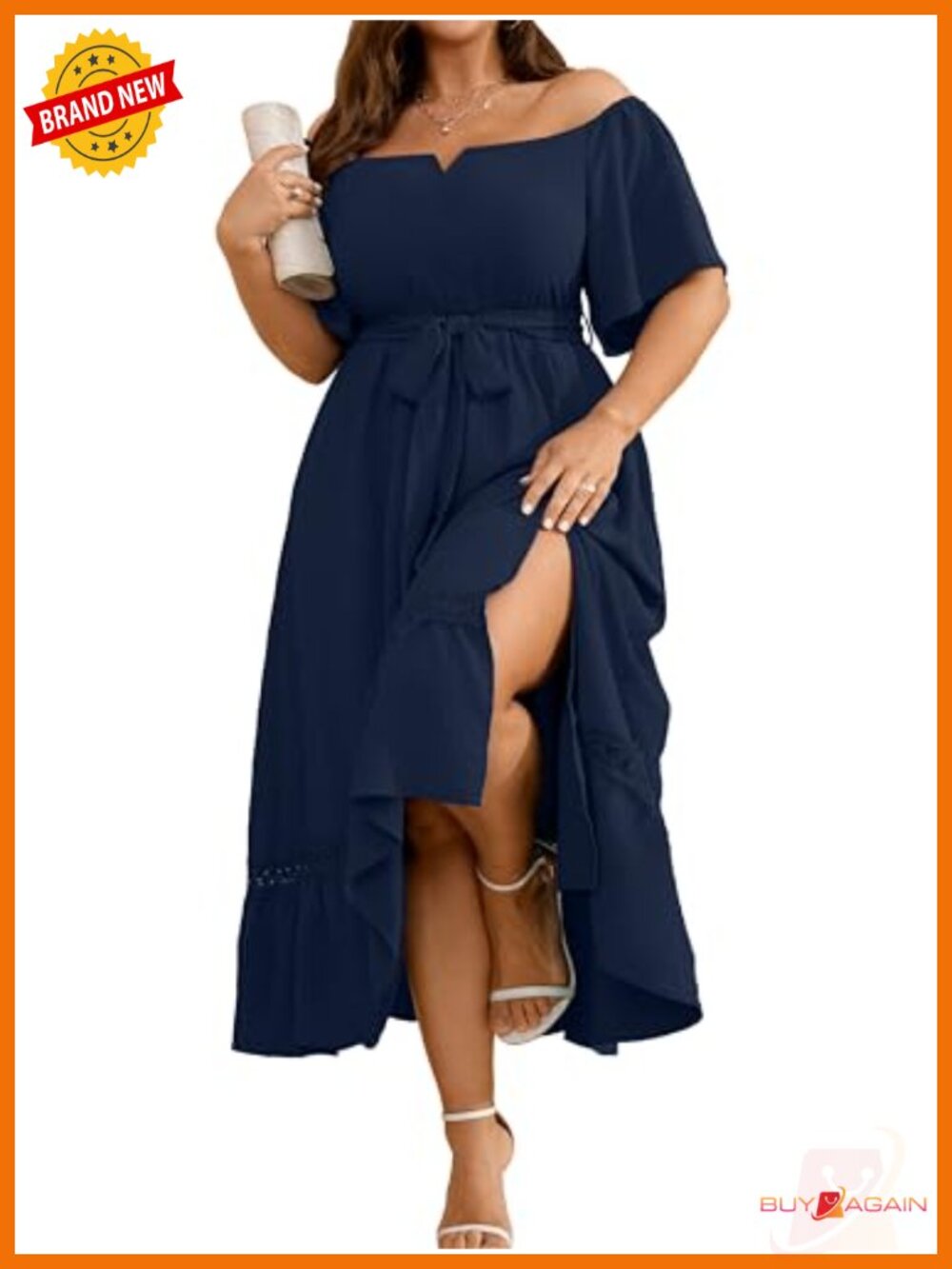 Plus Size Off The Shoulder Maxi Dress with Belt V-Neck Flowy Slit Wedding Guest